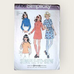Vintage 1970s Simplicity Sewing Pattern 7106 Girls Dress Top Size 7